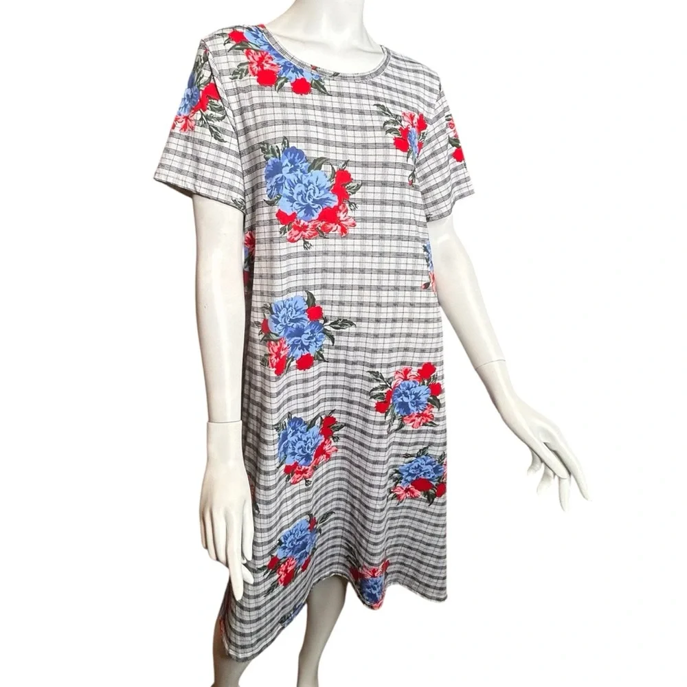 Lularoe XL Carly Dress Black White Plaid & Red Pink Roses Floral Unicorn Print - Picture 5 of 12